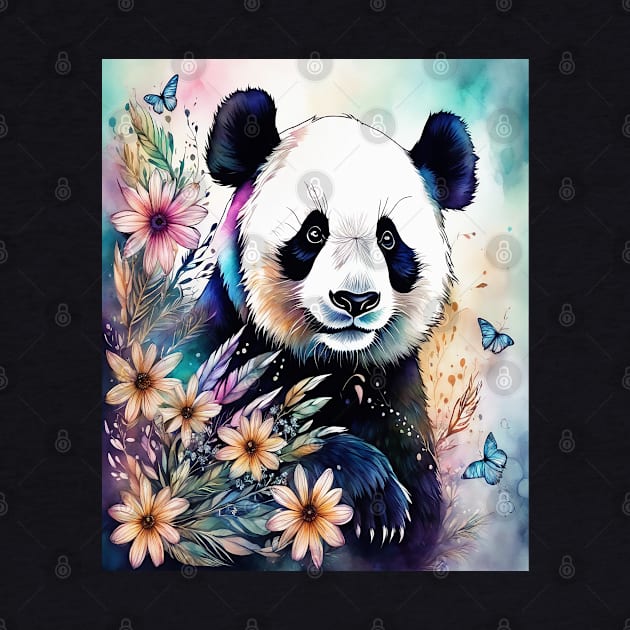 Fantasy, Watercolor, Panda Bear With Flowers and Butterflie by BirdsnStuff